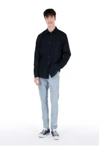 Men's low waist, straight leg, blue denim pants. - 1