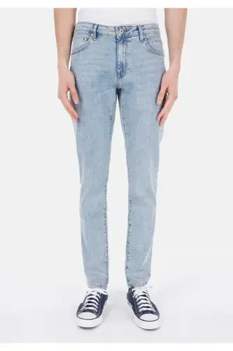 Men's low waist, straight leg, blue denim pants. - 4