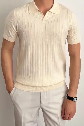 Men's Matte Beige Slim Fit Ribbed Polo Neck Knit T-Shirt - Matte BEIGE - 1