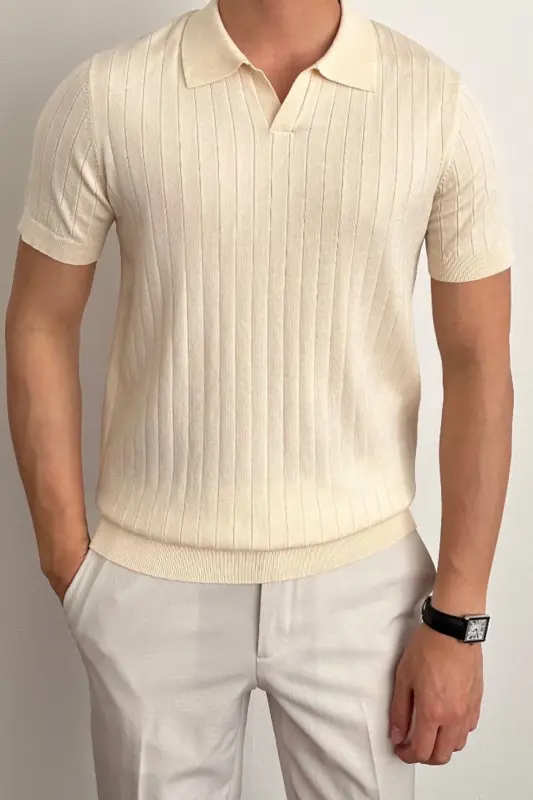 Men's Matte Beige Slim Fit Ribbed Polo Neck Knit T-Shirt - Matte BEIGE - TARZ COOL