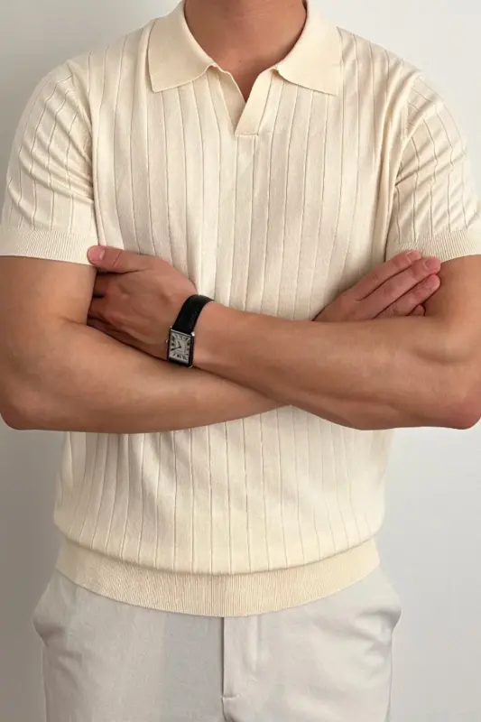 Men's Matte Beige Slim Fit Ribbed Polo Neck Knit T-Shirt - Matte BEIGE - 2