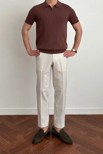 Men's Matte Brown Slim Fit Ribbed Polo Neck Knit T-Shirt-Matte BROWN - 4