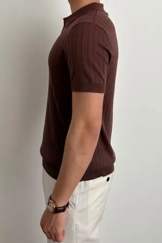 Men's Matte Brown Slim Fit Ribbed Polo Neck Knit T-Shirt-Matte BROWN - 5