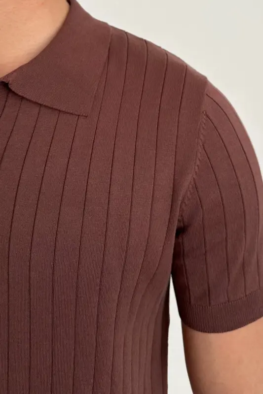 Men's Matte Brown Slim Fit Ribbed Polo Neck Knit T-Shirt-Matte BROWN - 6