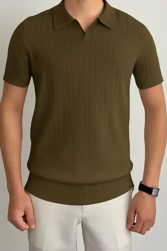 Men's Matte Khaki Slim Fit Ribbed Polo Neck Knit T-Shirt - Matte KHAKI - 1
