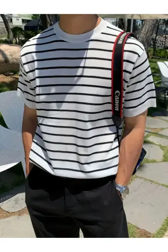 Men's Matte White Short Sleeve Ribbed Acrylic-Cotton Blend Knitted T-Shirt-Matte White 