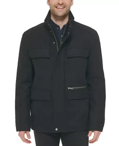 Men's Melton Wool Multi-Pocket Field Coat-Black - 1