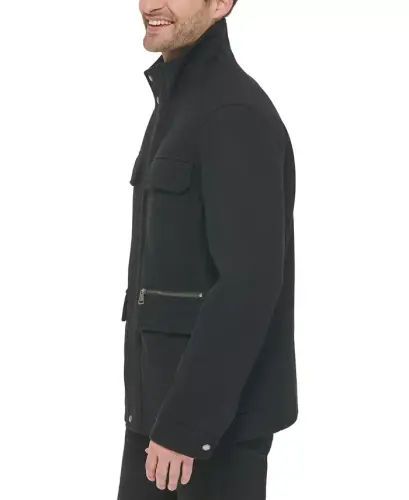 Men's Melton Wool Multi-Pocket Field Coat-Black - 3