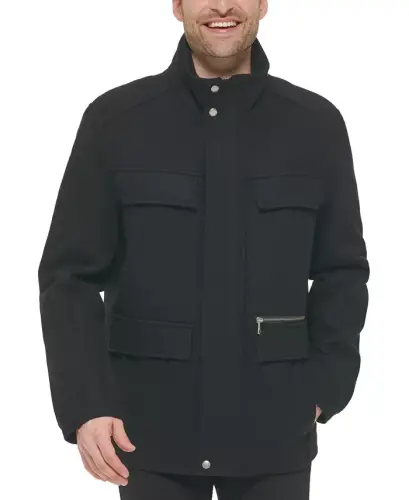 Men's Melton Wool Multi-Pocket Field Coat-Black - 5