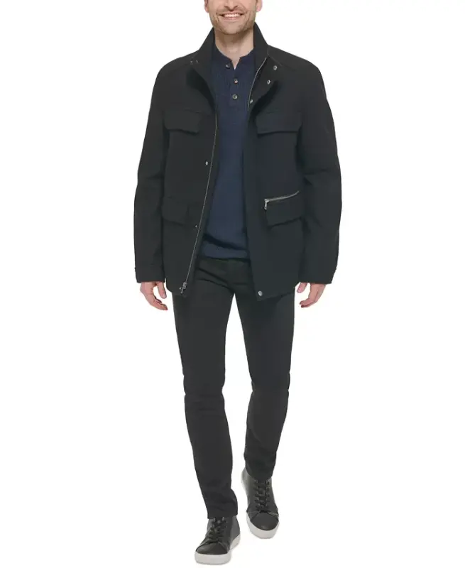 Men's Melton Wool Multi-Pocket Field Coat-Black - 6