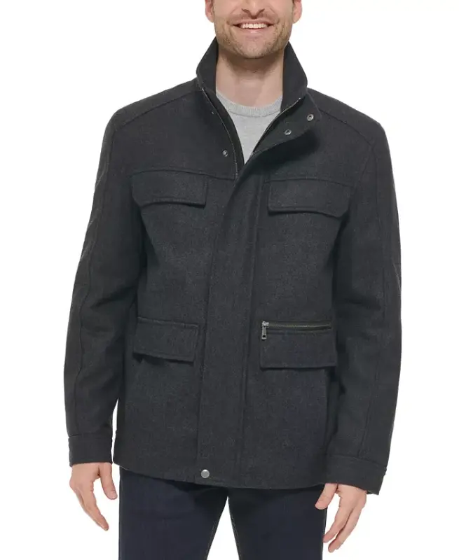 Men's Melton Wool Multi-Pocket Field Coat-Charcoal - COLE HAAN
