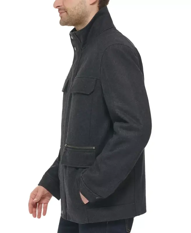 Men's Melton Wool Multi-Pocket Field Coat-Charcoal - 3