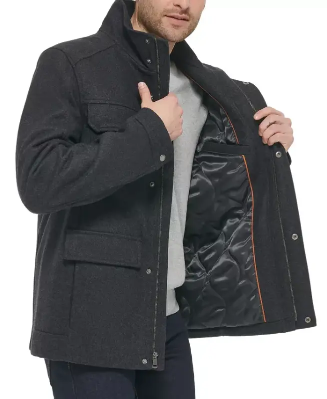 Men's Melton Wool Multi-Pocket Field Coat-Charcoal - 4