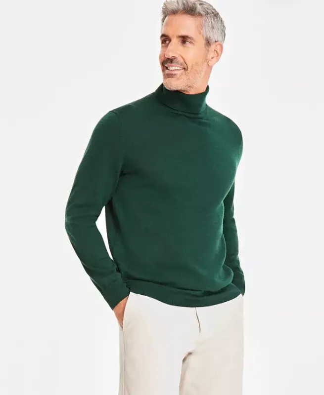 Men's Merino Wool Blend Turtleneck Sweater, Created for Modazone - Creame Deep Hunter - 1