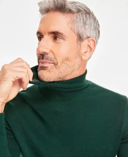 Men's Merino Wool Blend Turtleneck Sweater, Created for Modazone - Creame Deep Hunter - 4