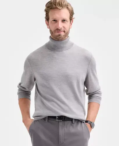 Men's Merino Wool Blend Turtleneck Sweater, Created for Modazone - Light Gray Heather - 4