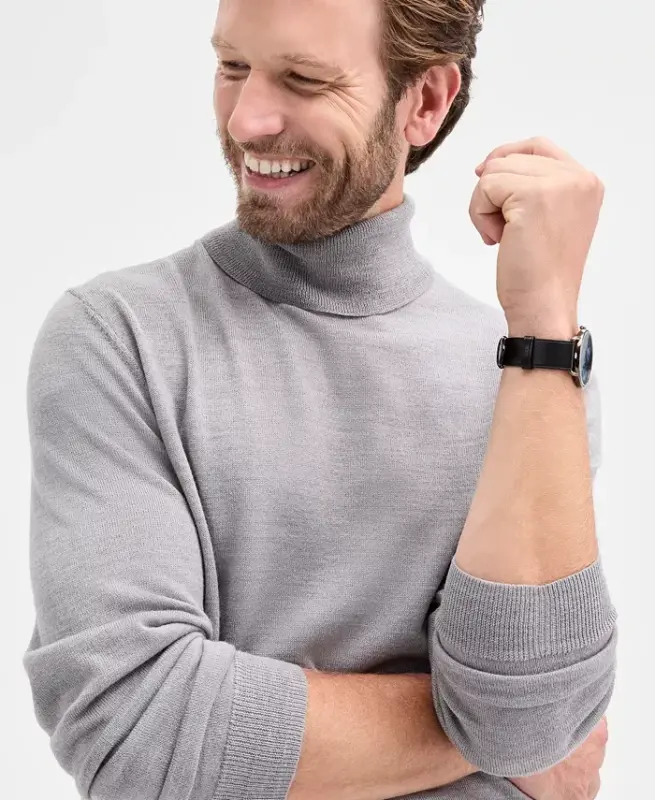 Men's Merino Wool Blend Turtleneck Sweater, Created for Modazone - Light Gray Heather - 3