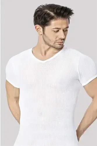 Men's Mesh T-Shirt White V-Neck 3-Pack 100% Cotton - BÜYÜKBEDENIZ (1)
