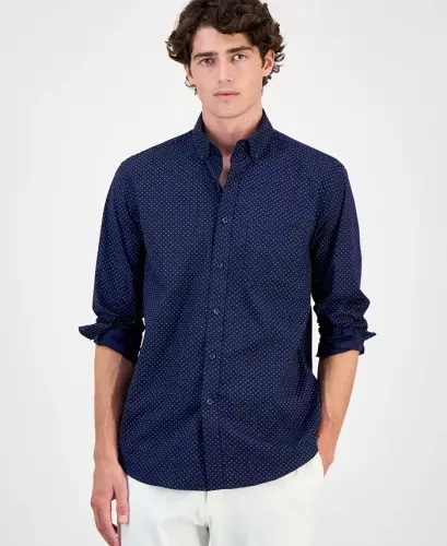 Men's Micro Dot Print Stretch Cotton Shirt, Created for Modazone-Navy Blue - 1