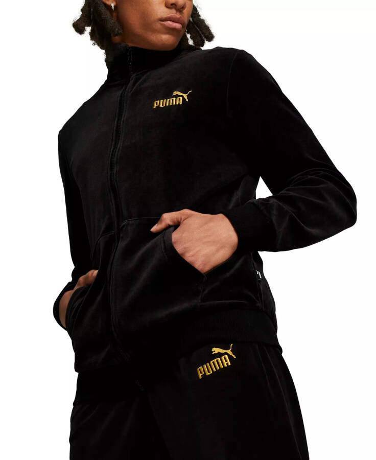 Men's Minimal Gold-Tone Logo Velour Track Jacket Black - 1