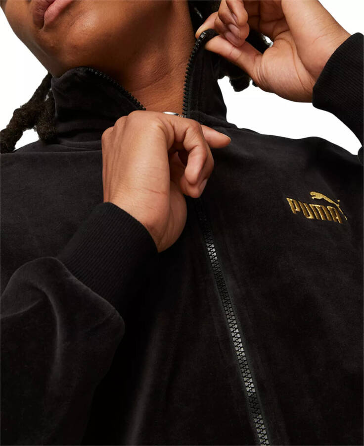 Men's Minimal Gold-Tone Logo Velour Track Jacket Black - 3