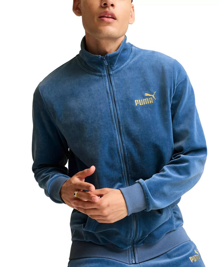 Men's Minimal Gold-Tone Logo Velour Track Jacket Blue - 1