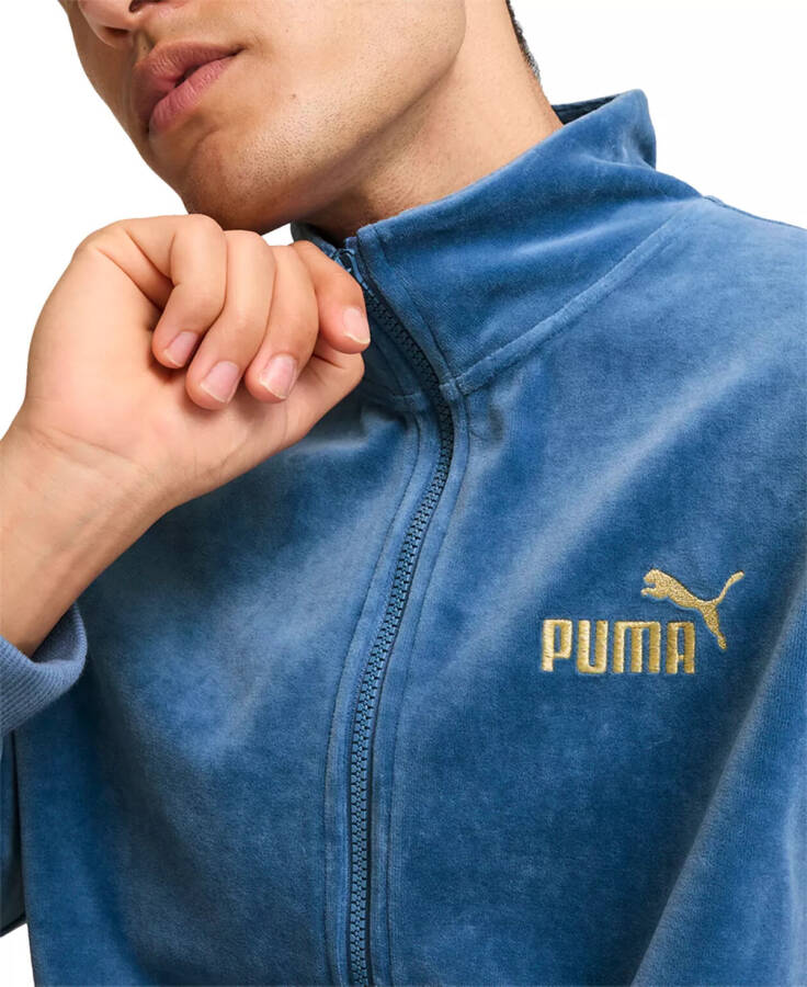 Men's Minimal Gold-Tone Logo Velour Track Jacket Blue - 3