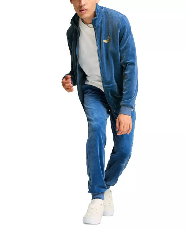 Men's Minimal Gold-Tone Logo Velour Track Jacket Blue - 5