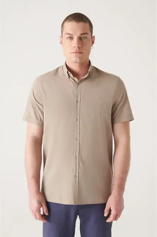 Men's Mink Button-Down Collar 100% Cotton Slim Fit Short Sleeve Shirt E002210-Mink - 1