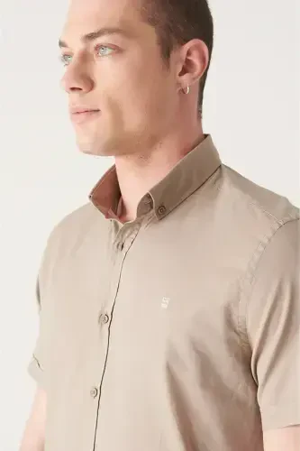 Men's Mink Button-Down Collar 100% Cotton Slim Fit Short Sleeve Shirt E002210-Mink - AVVA (1)