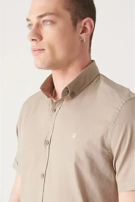 Men's Mink Button-Down Collar 100% Cotton Slim Fit Short Sleeve Shirt E002210-Mink - 2