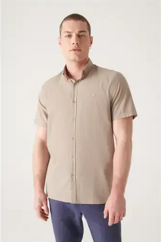 Men's Mink Button-Down Collar 100% Cotton Slim Fit Short Sleeve Shirt E002210-Mink - 3