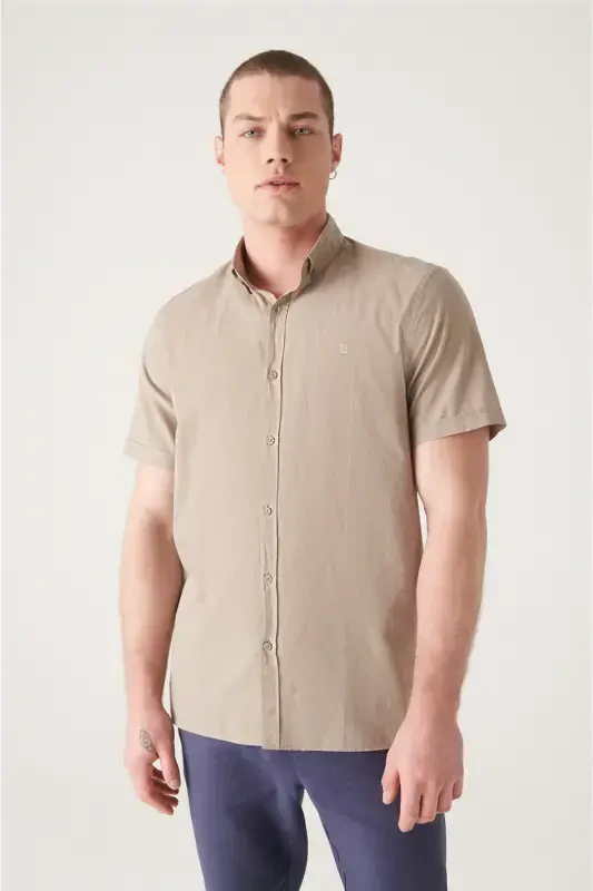 Men's Mink Button-Down Collar 100% Cotton Slim Fit Short Sleeve Shirt E002210-Mink - 3