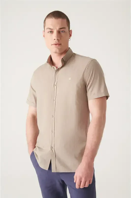 Men's Mink Button-Down Collar 100% Cotton Slim Fit Short Sleeve Shirt E002210-Mink - 5