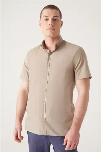 Men's Mink Button-Down Collar 100% Cotton Slim Fit Short Sleeve Shirt E002210-Mink - 6