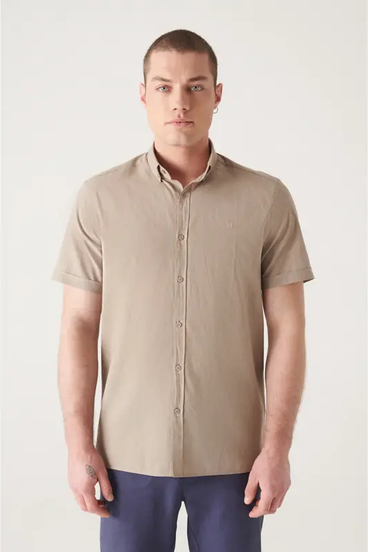 Men's Mink Button-Down Collar 100% Cotton Slim Fit Short Sleeve Shirt E002210-Mink - AVVA