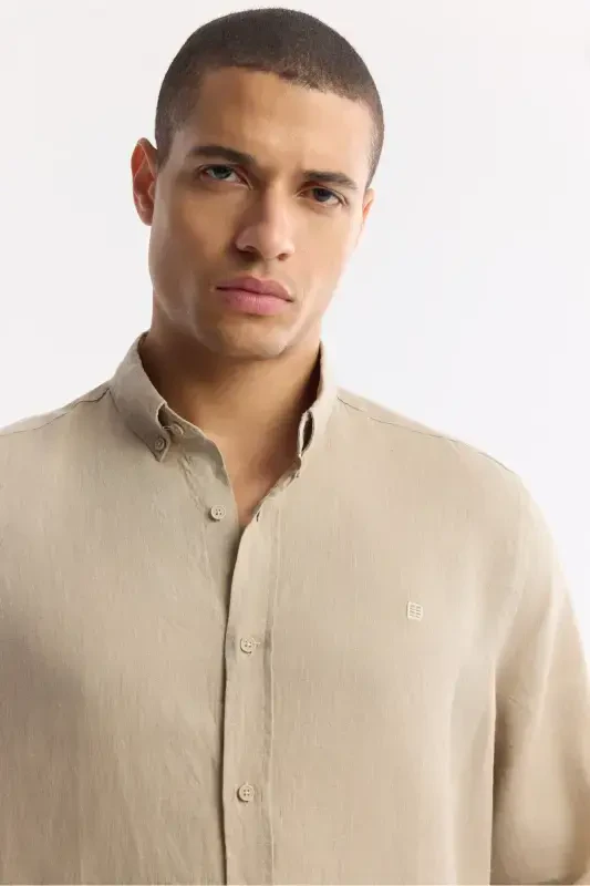 Men's Mink Comfort Fit 100% Linen Button-Down Collar Shirt B002191-Mink - 2