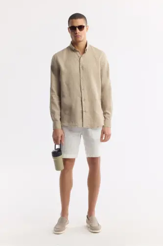 Men's Mink Comfort Fit 100% Linen Button-Down Collar Shirt B002191-Mink - 7