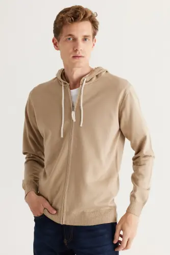 Men's Mink Standard Fit Regular Cut Hooded Cotton Knit Cardigan - Mink - 4