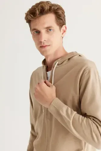 Men's Mink Standard Fit Regular Fit Hooded Cotton Knit Cardigan-Mink - ALTINYILDIZ CLASSICS (1)