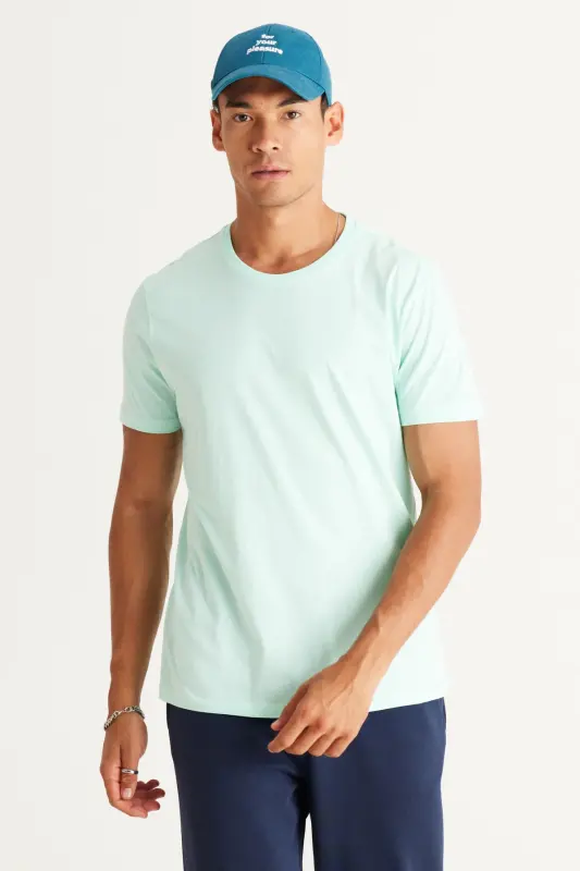 Men's Mint 100% Cotton Slim Fit Narrow Cut Crew Neck Basic T-Shirt-Mint - 6
