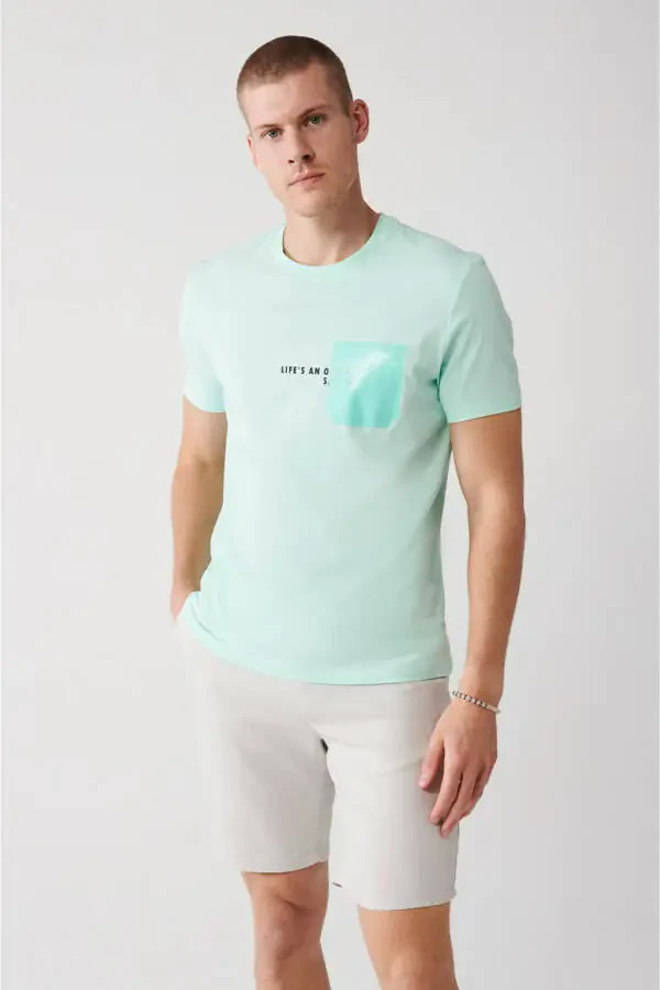 Men's Mint Green 100% Cotton Crew Neck Pocket Print Regular Fit T-shirt - 1