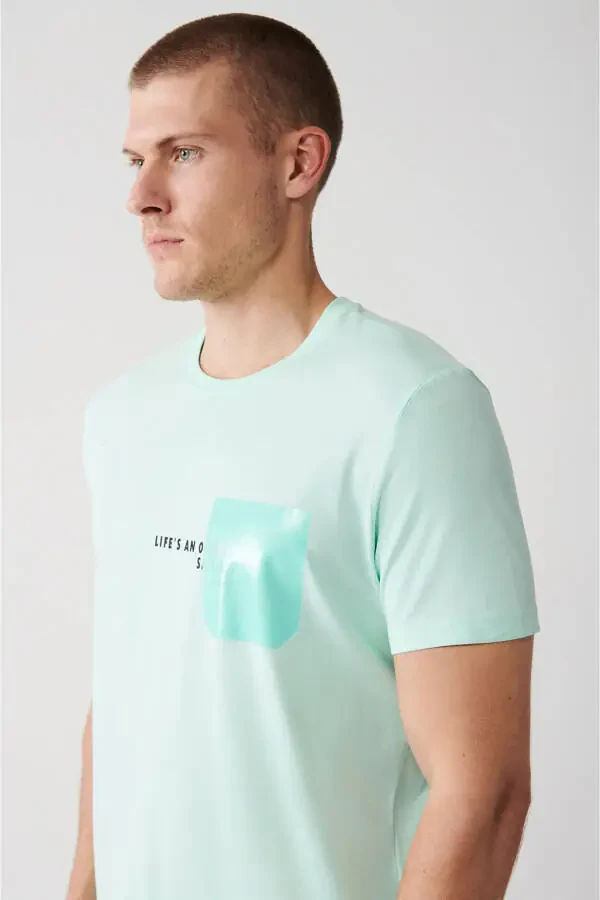 Men's Mint Green 100% Cotton Crew Neck Pocket Print Regular Fit T-shirt - 2