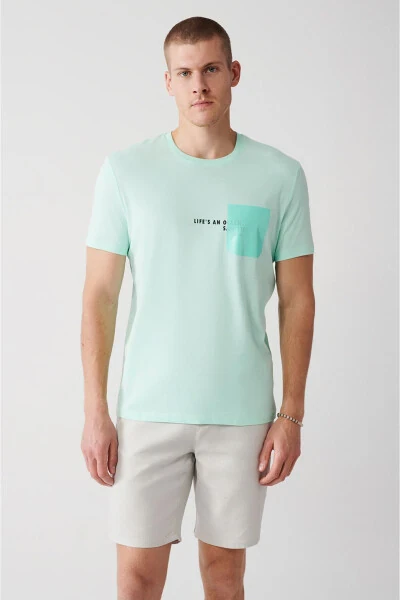 Men's Mint Green 100% Cotton Crew Neck Pocket Print Regular Fit T-shirt - 3