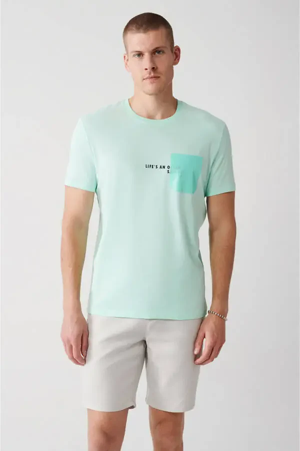 Men's Mint Green 100% Cotton Crew Neck Pocket Print Regular Fit T-shirt - 3