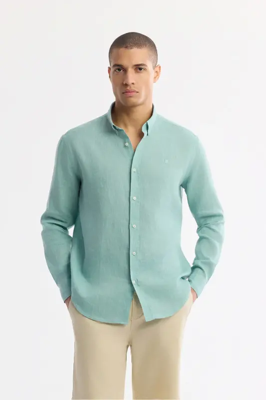 Men's Mint Green 100% Linen Button-Down Collar Comfort Fit Shirt B002191 - AVVA