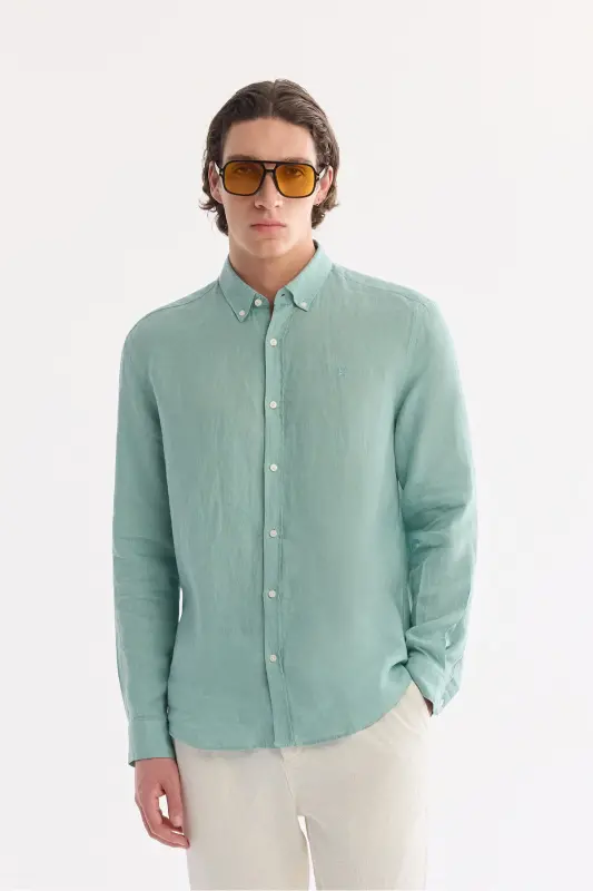 Men's Mint Green 100% Linen Button-Down Collar Comfort Fit Shirt B002191 - AVVA