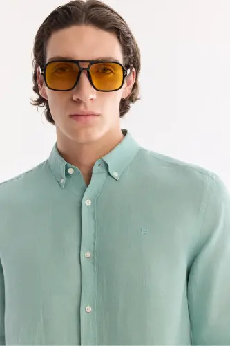 Men's Mint Green 100% Linen Button-Down Collar Comfort Fit Shirt B002191 - 3