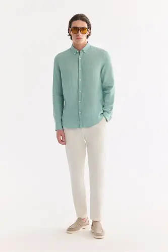 Men's Mint Green 100% Linen Button-Down Collar Comfort Fit Shirt B002191 - 7