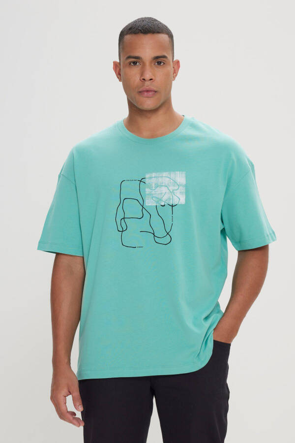 Men's Mint Oversize Loose Fit Crew Neck 100% Cotton Printed T-Shirt - 3